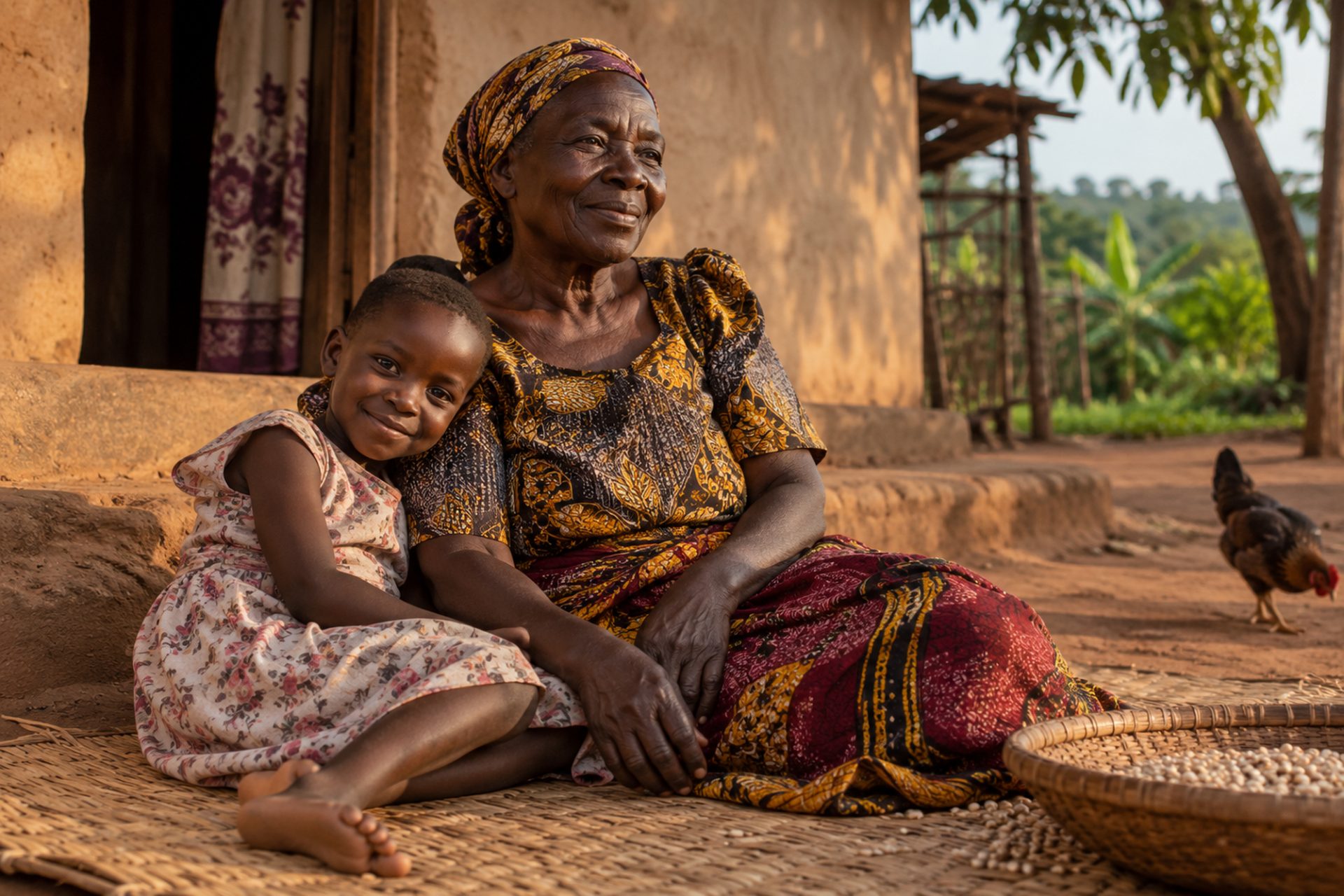 A grandmother and her granddaughter outside their home