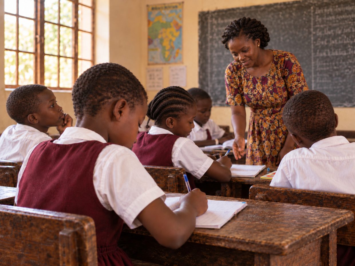 Pupils at their desks in a classroom