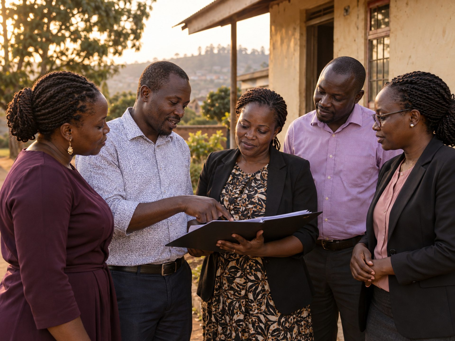 Colleagues talking together outside an office